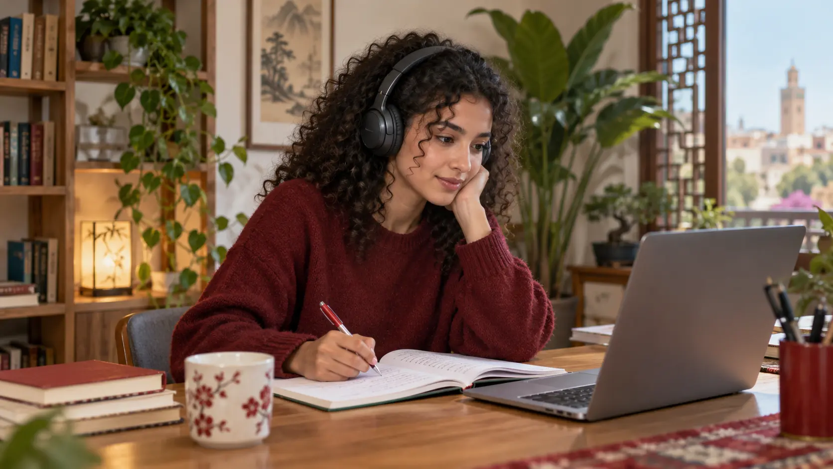 Illustration of a Moroccan student practising listening and writing for a Chinese language examination