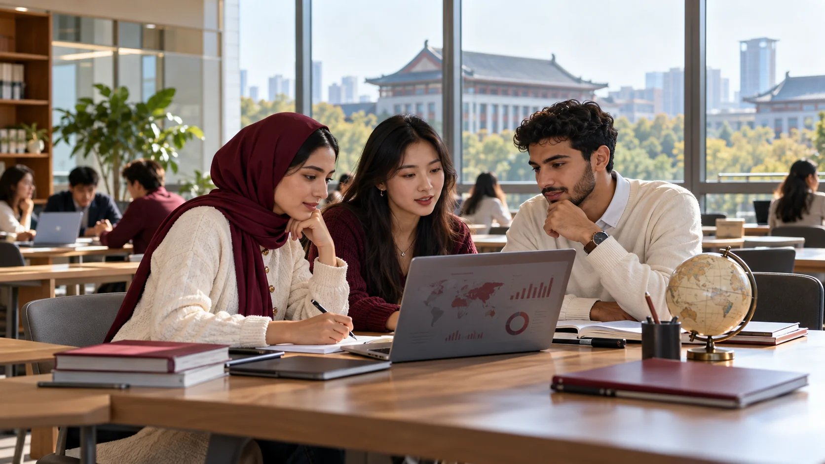 Étudiants travaillant sur un projet de commerce dans une université chinoise – illustration