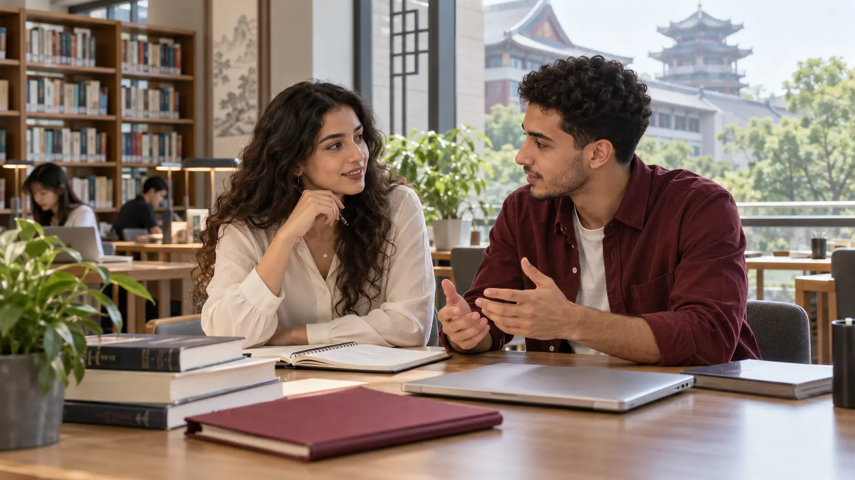 Illustration of two Moroccan students discussing a master's study plan in a university library