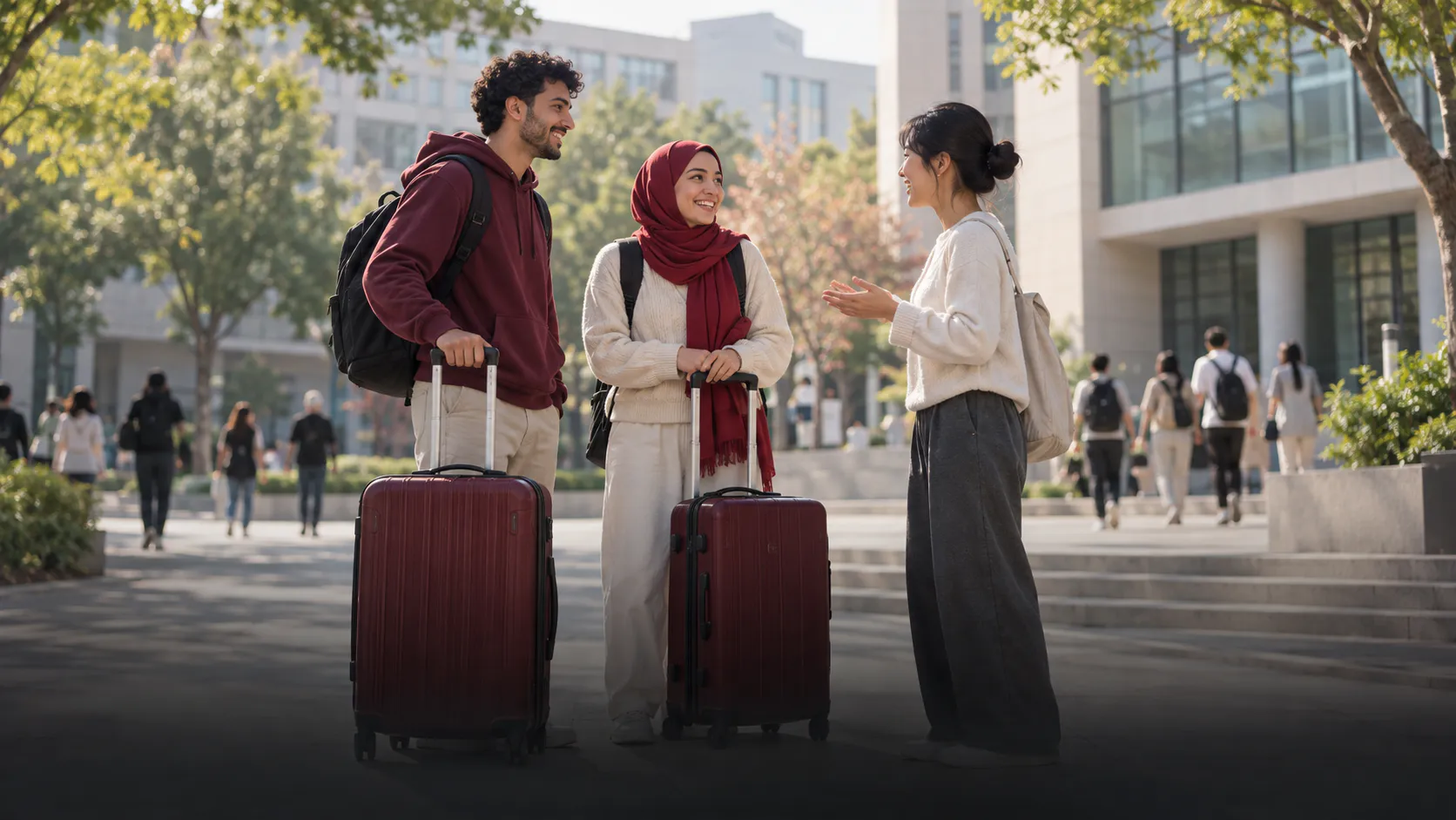 Illustration of students with suitcases being welcomed on a Chinese university campus