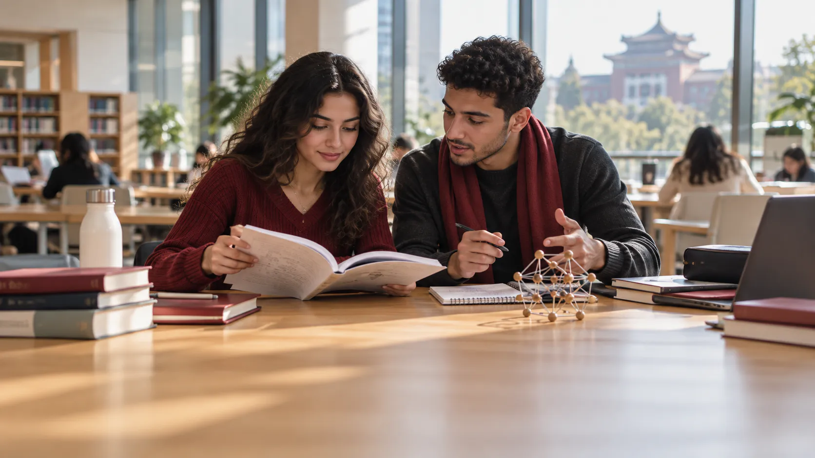 Illustration of two students studying language and science in a Chinese university library