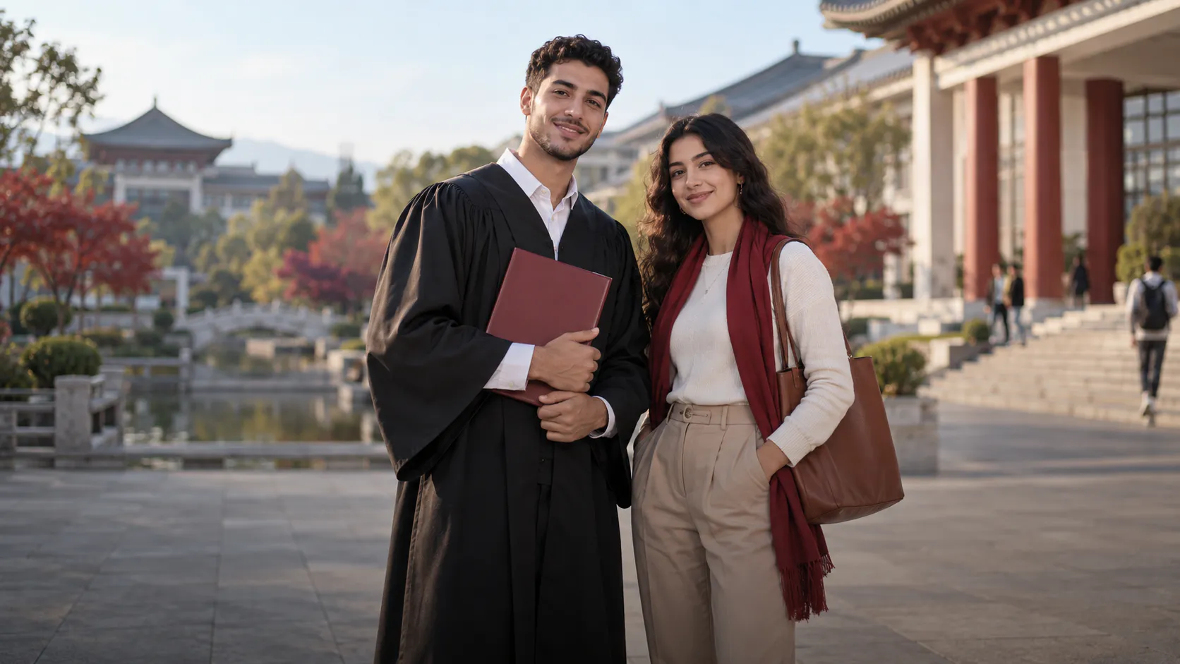 Illustration d'un diplômé et d'une étudiante sur un campus chinois avec un dossier de diplôme