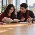 صورة توضيحية لطالبين يدرسان اللغة والعلوم في مكتبة جامعية صينية