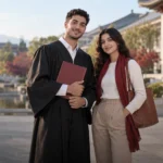 صورة توضيحية لخريج وطالبة في حرم جامعي صيني مع ملف شهادة