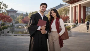 صورة توضيحية لخريج وطالبة في حرم جامعي صيني مع ملف شهادة