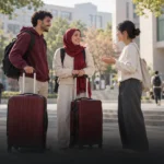 صورة توضيحية لطالبين بحقائب سفر تستقبلهما طالبة في حرم جامعي صيني