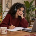 صورة توضيحية لطالبة مغربية تتدرب على الاستماع والكتابة استعداداً لاختبار اللغة الصينية