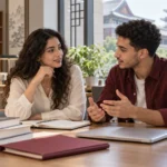 صورة توضيحية لطالبين مغربيين يناقشان مشروع دراسة الماستر في مكتبة جامعية