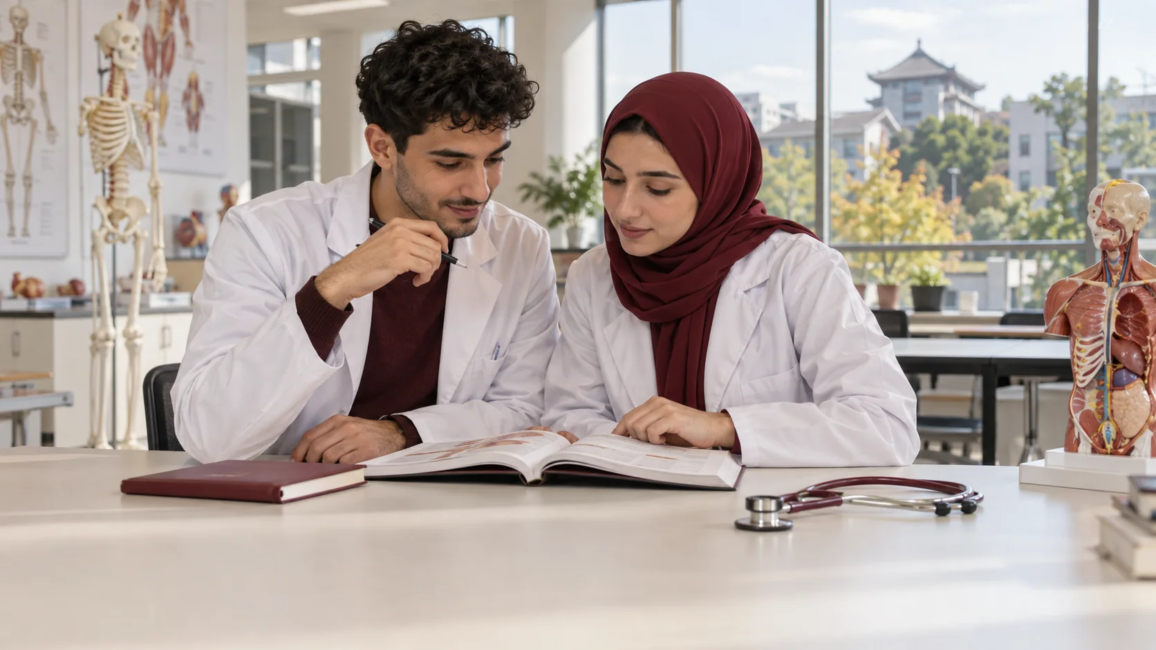 Two Moroccan medical students studying together in a clinical skills classroom in China, illustrative scene