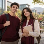 Illustration of two Moroccan students preparing to study in China in 2027 on a university campus