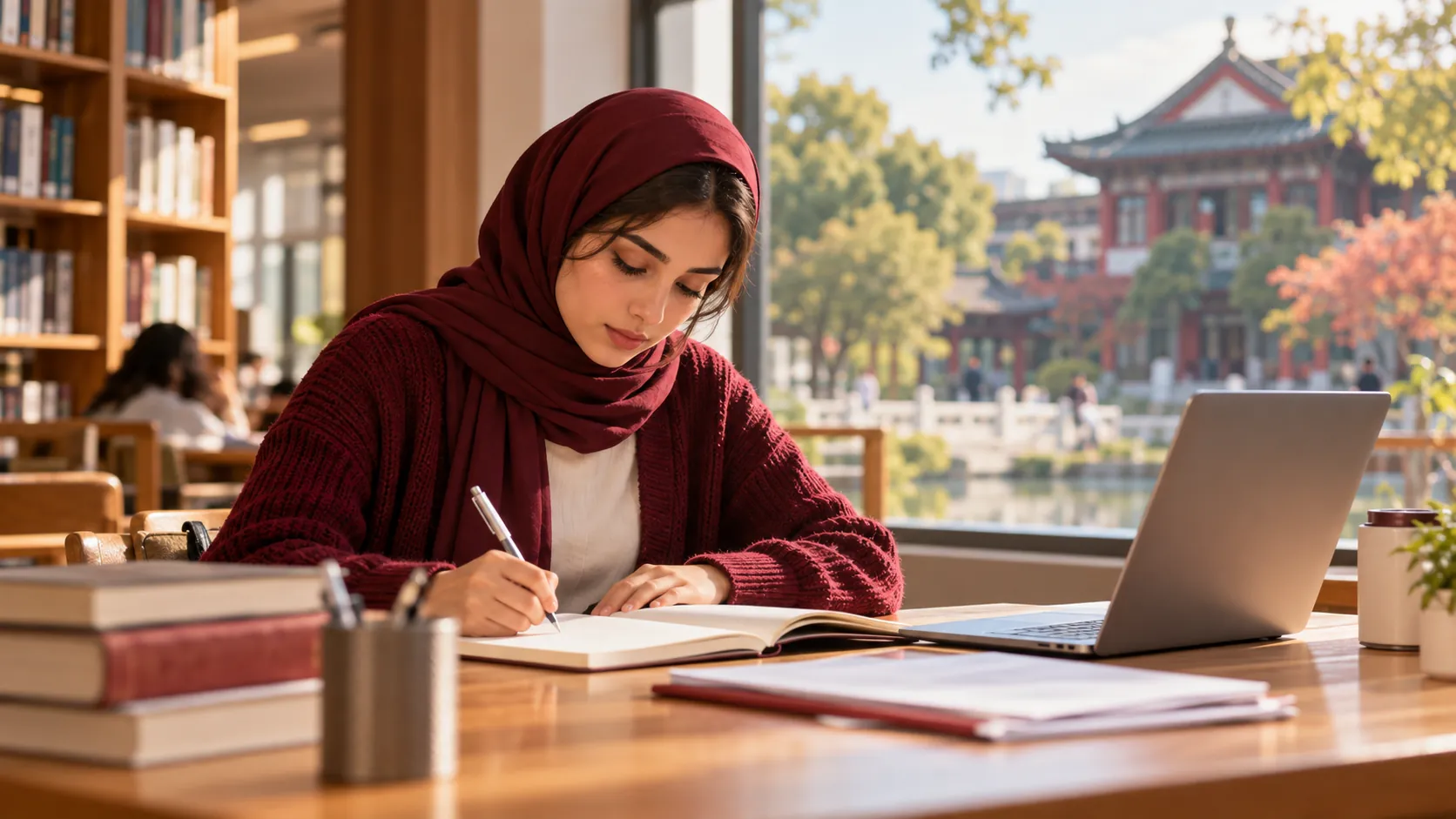 طالبة تكتب خطتها الدراسية في دفتر بجانب حاسوب داخل مكتبة جامعية – صورة توضيحية