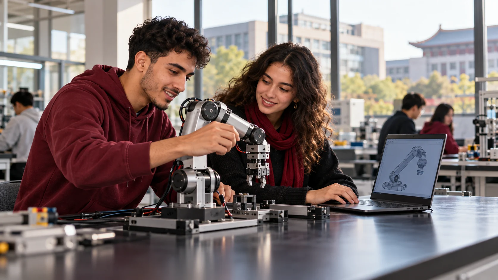 صورة توضيحية لطالبين مغربيين يعملان على ذراع روبوتية في مختبر جامعي