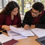 Two students comparing degree curricula