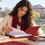 Étudiante marocaine organisant son dossier de candidature pour étudier en Chine — illustration