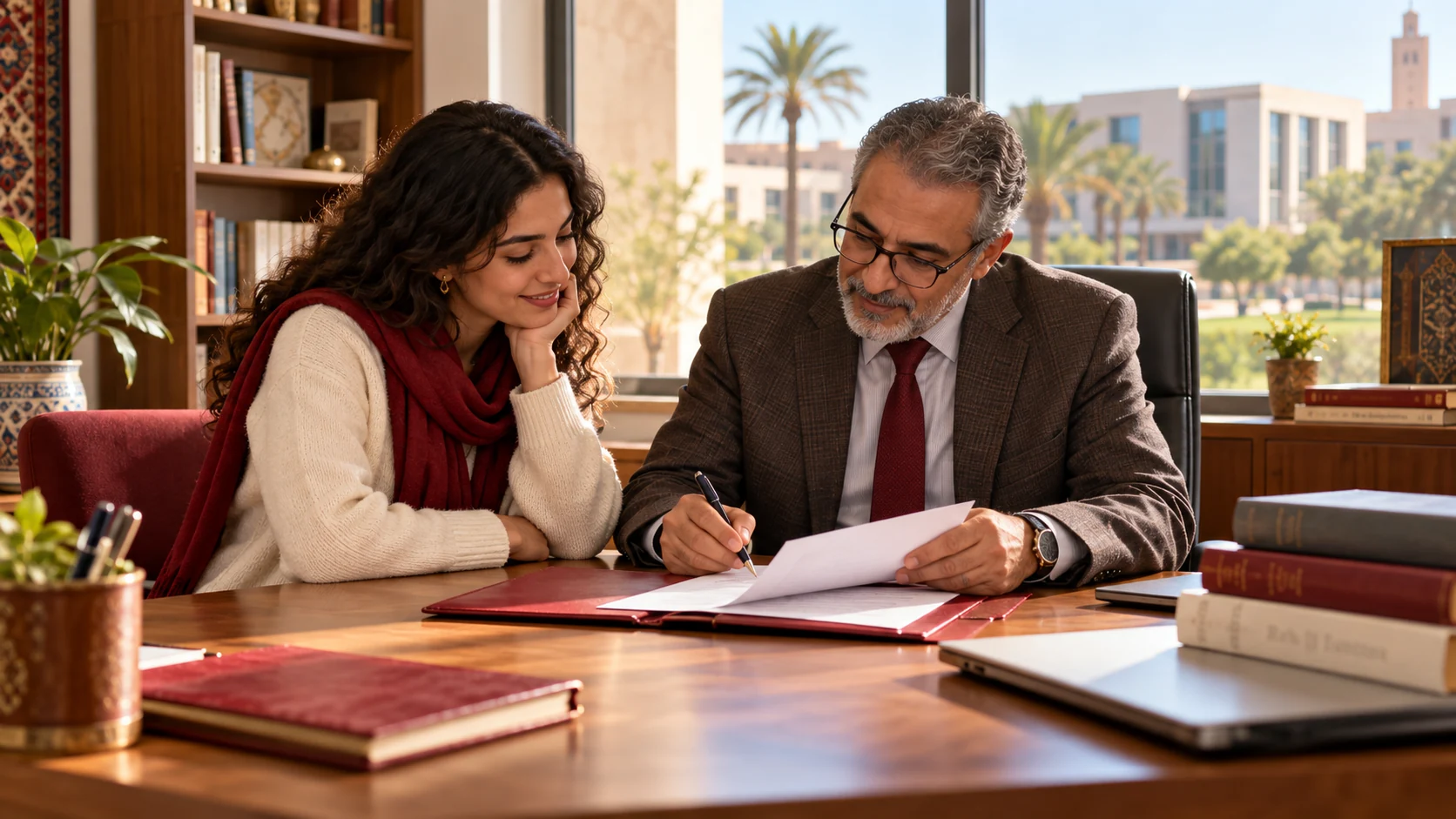 Student discussing an academic recommendation with a professor in a university office — illustrative image