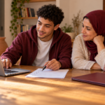 صورة توضيحية لطالب ووالدته يراجعان طلباً جامعياً وقائمة تحقق على مكتب