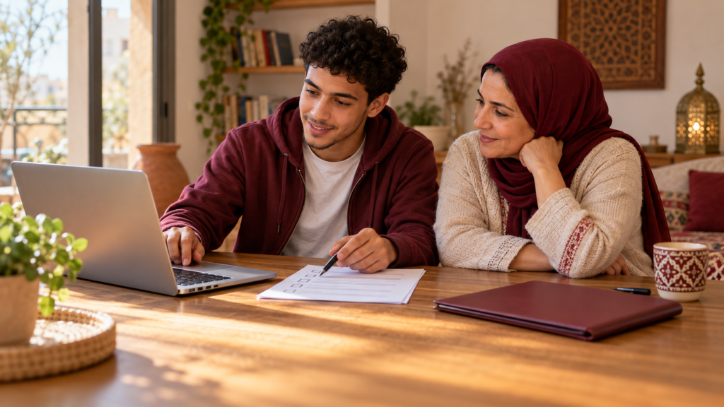 Illustration d’un étudiant et de sa mère examinant une candidature universitaire et une checklist