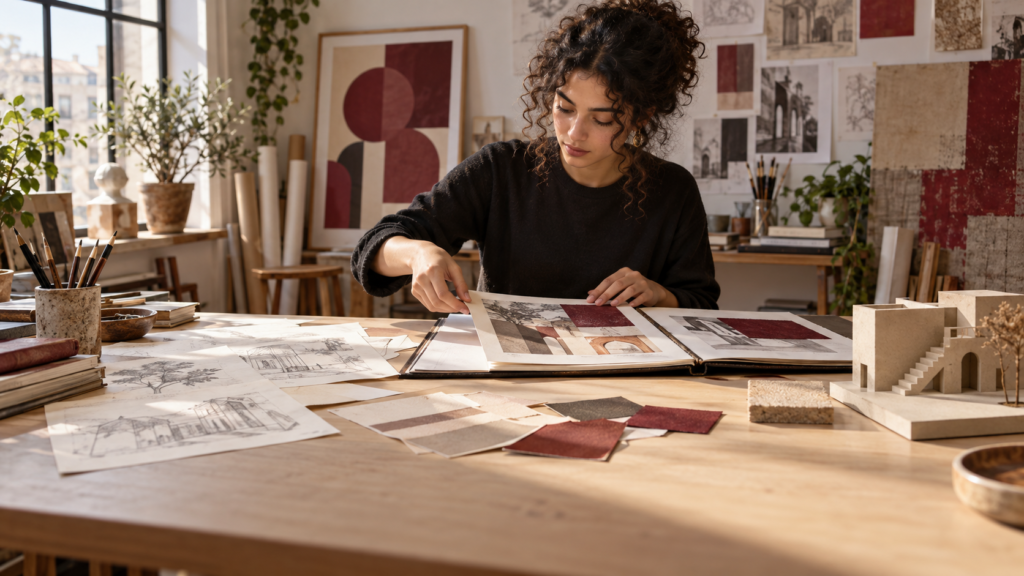 Illustration d’une étudiante préparant un portfolio avec des dessins et une maquette