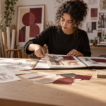 Illustration d’une étudiante préparant un portfolio avec des dessins et une maquette