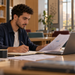 Illustration d’un candidat en master ou doctorat examinant des articles de recherche près de son ordinateur