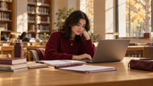 صورة توضيحية لطالبة تراجع ملف ترشيح جامعي على حاسوب في مكتبة