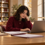 Illustration d’une étudiante préparant une candidature universitaire sur ordinateur dans une bibliothèque