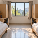 Illustration of a shared student room with two beds, two desks and wardrobes
