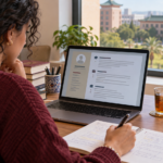 Illustrative scene of a student reviewing an academic CV on a laptop