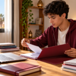 طالب ينظم دفاتره وملف التقديم الجامعي على مكتبه