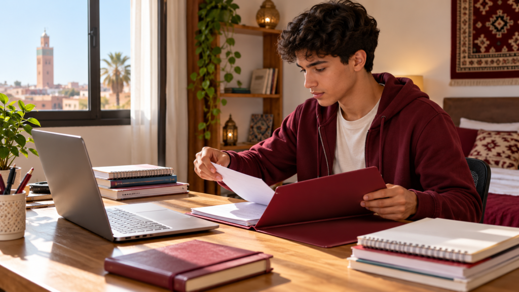 Étudiant organisant ses cahiers et son dossier de candidature universitaire