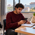 Étudiant marocain vérifiant son budget avec des courses et des vêtements d’hiver dans une résidence universitaire