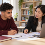 A student discussing academic progress with an adviser