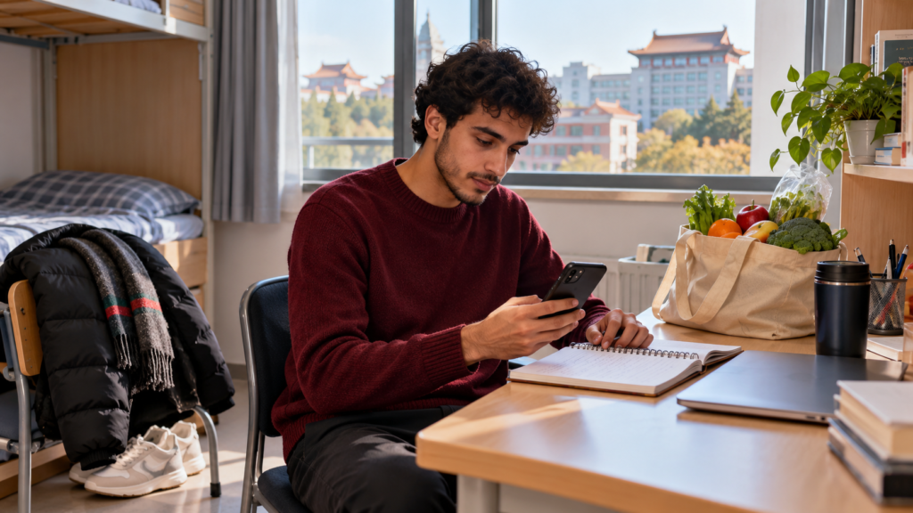 Moroccan student checking an everyday budget beside groceries and winter clothes in a university room