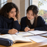 Moroccan student reviewing notes and a study planner with a classmate in a university library