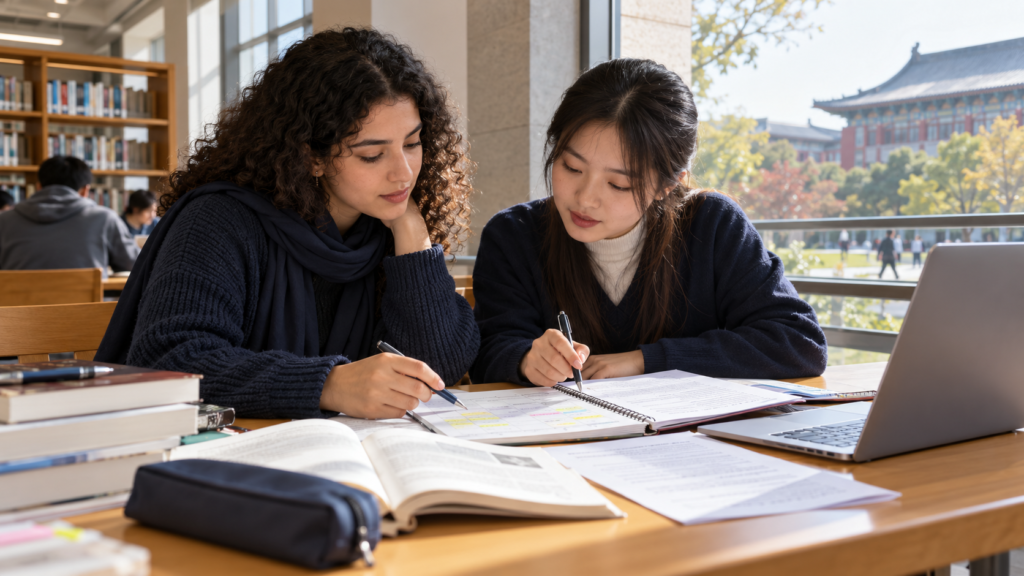 طالبة مغربية تراجع ملاحظاتها وخطة الدراسة مع زميلتها في مكتبة جامعية