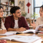 Scène illustrative de deux étudiants pratiquant le chinois avec une enseignante en salle de cours
