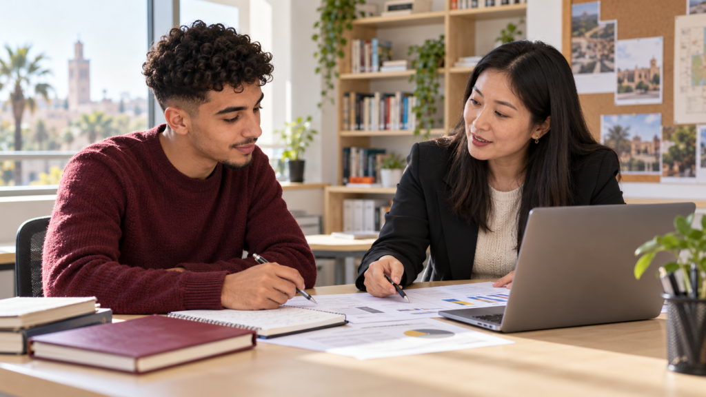 Un étudiant échange avec une conseillère sur ses progrès