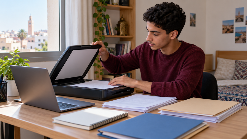 Étudiant marocain numérisant ses documents de candidature près d’un ordinateur et de dossiers classés