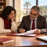 طالبة تناقش رسالة توصية أكاديمية مع أستاذ داخل مكتب جامعي — صورة توضيحية